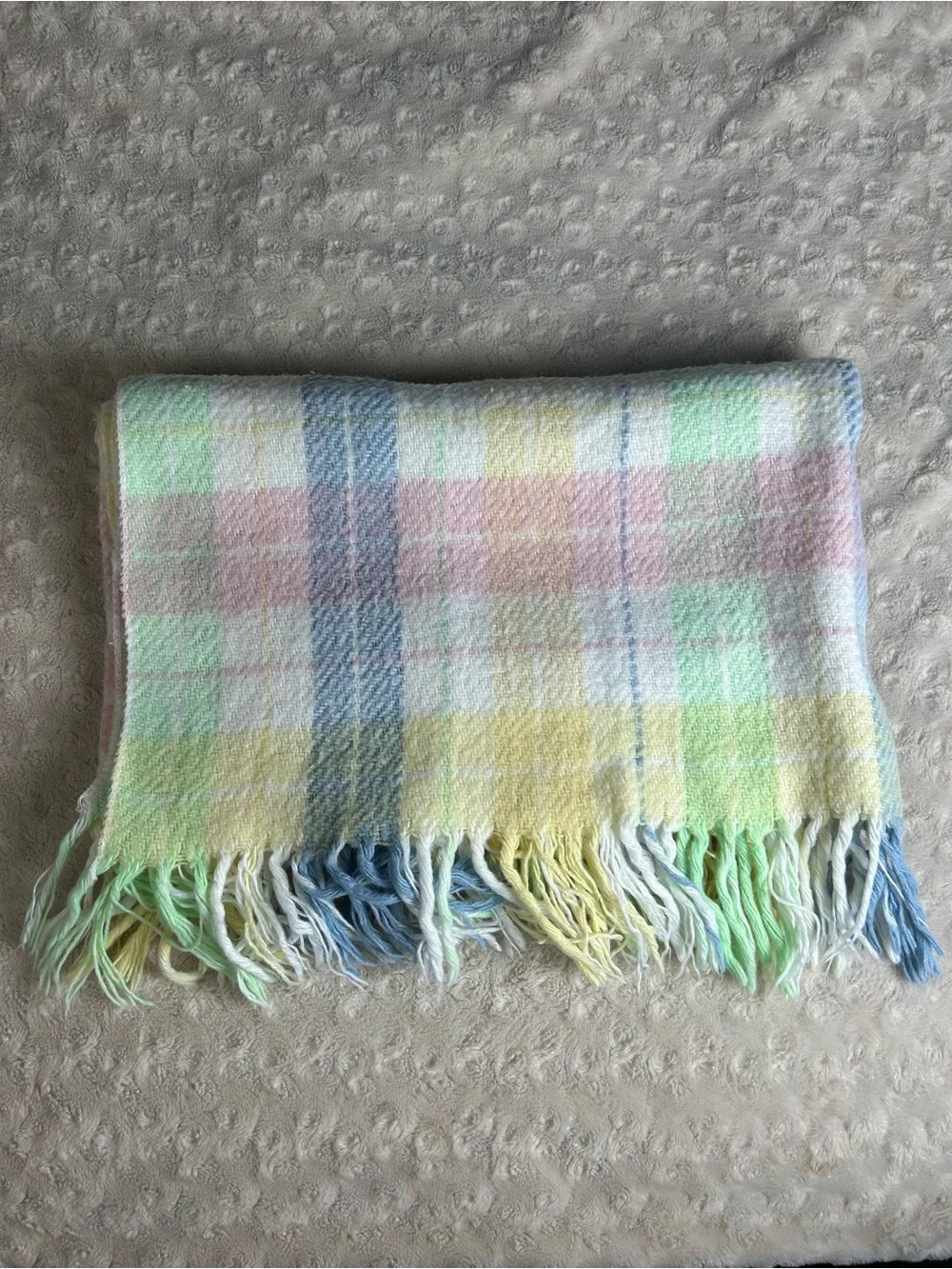 WPL 1675 Plaid Baby Blanket Fringe Edge Trim Pastel Pink Blue Yellow Acrylic USA